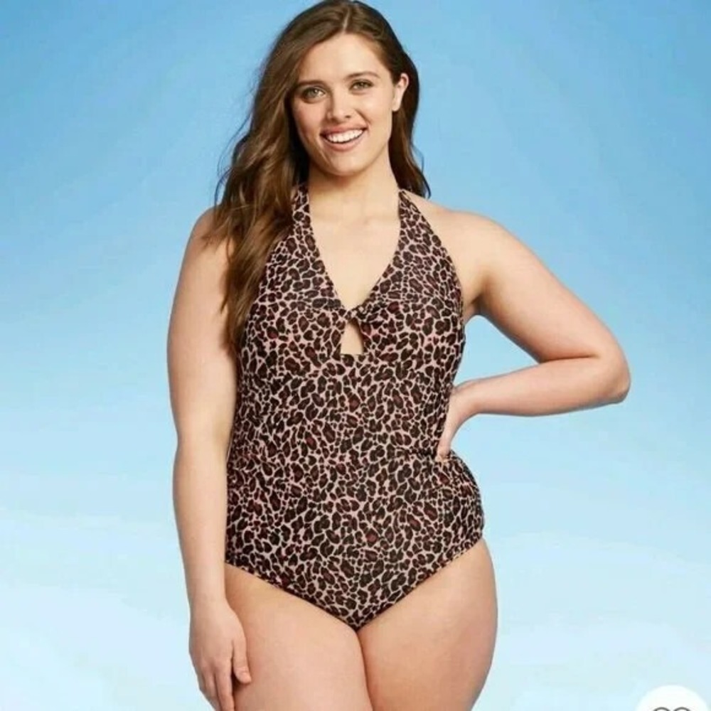 Kona Sol Twist Front Leopard One Piece Swimsuit Plus sz 22W Swim Halter Bra NEW‎